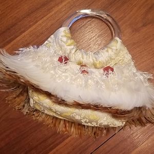 Handmade lucite handled fabric & feather purse!